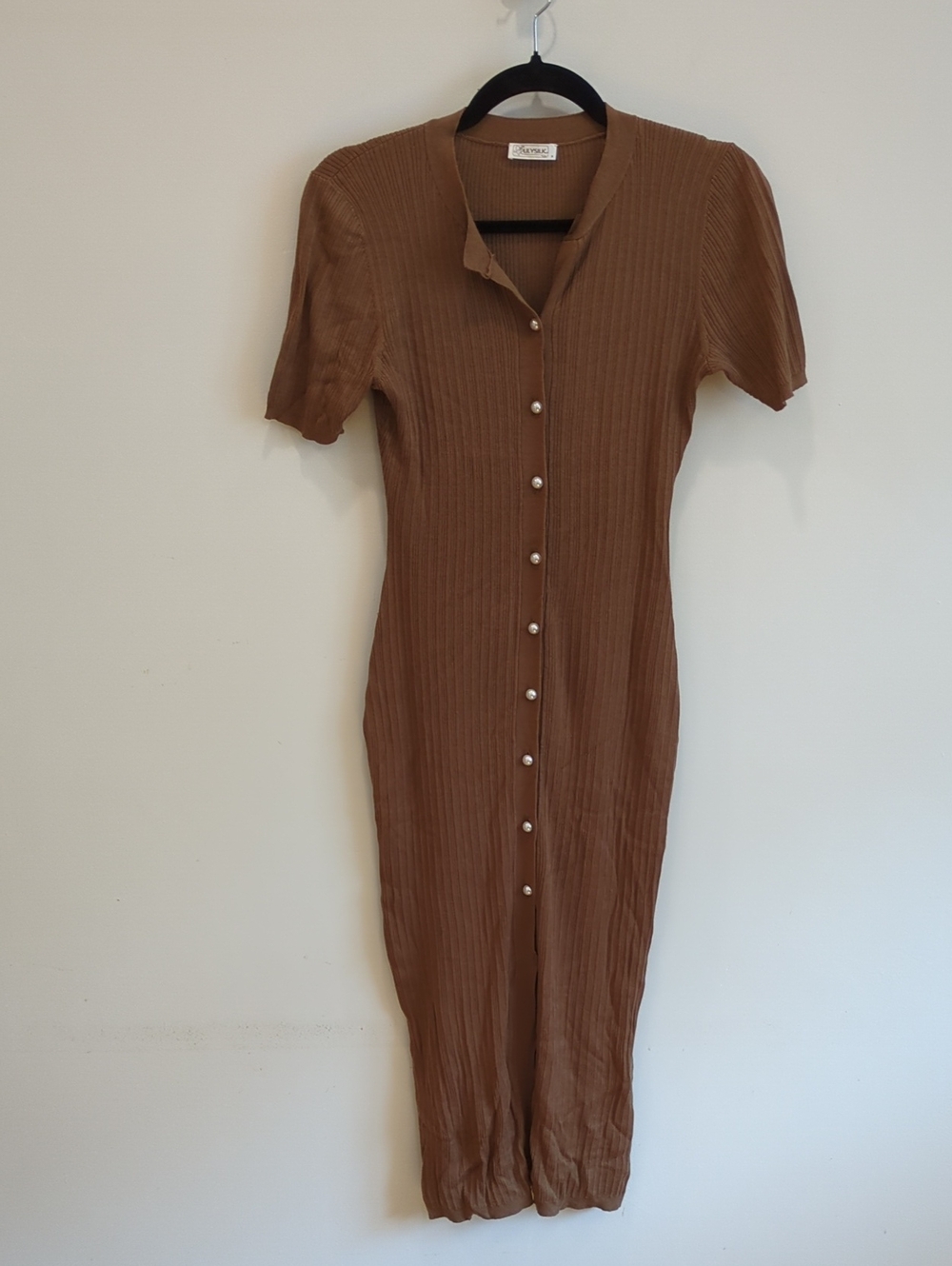 Luxury Old Money Classic Minimal 100% silk Lilysilk Tan Ribbed Midi Dress Sz S